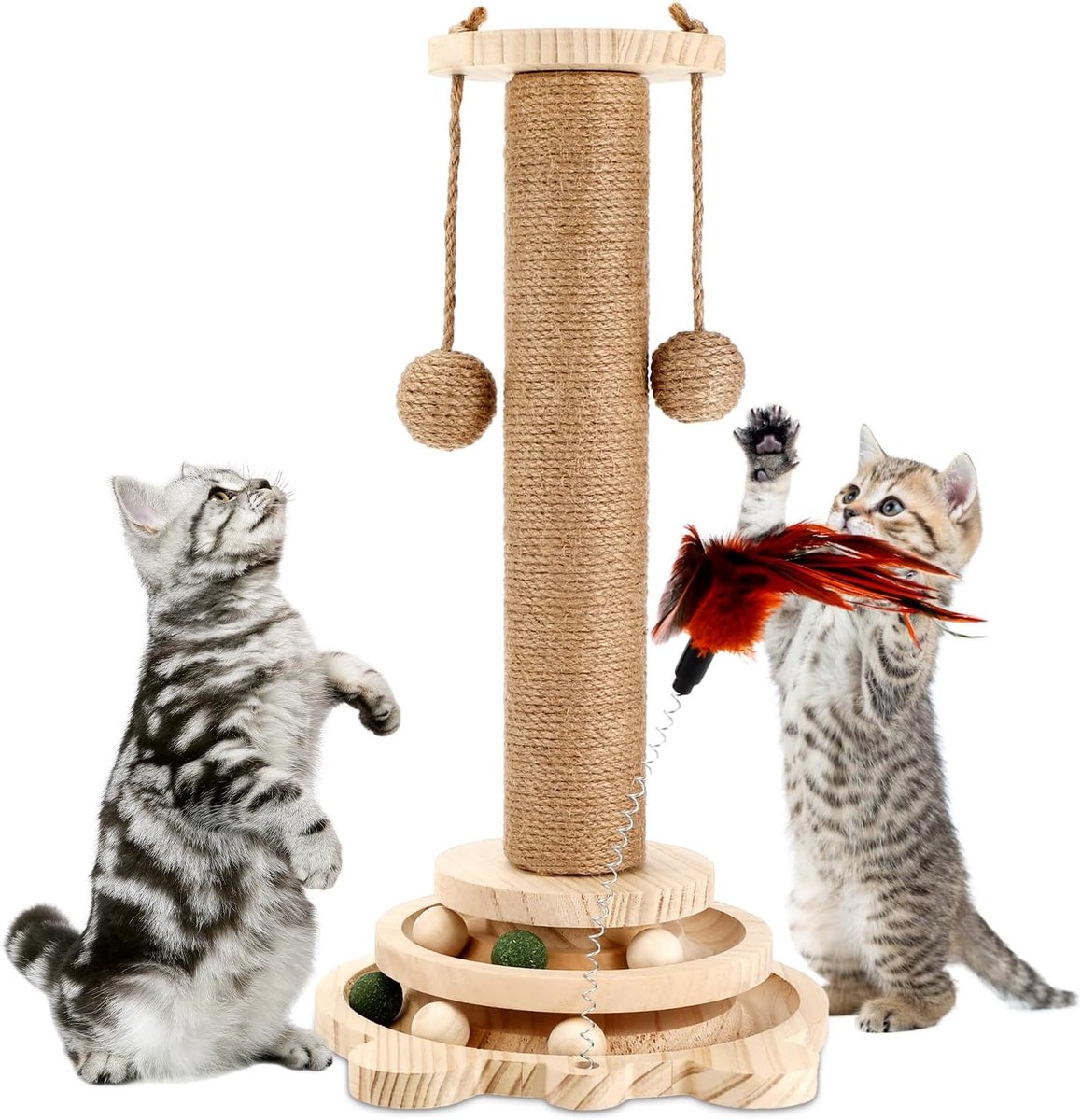 kattenspeelgoed, houten roller, 4-in-1, dubbellaags draaitafel, houten kattenkrabpaal, sisaltouw voor kattenbomen met hangende ballen, geschikt voor kleine tot middelgrote katten