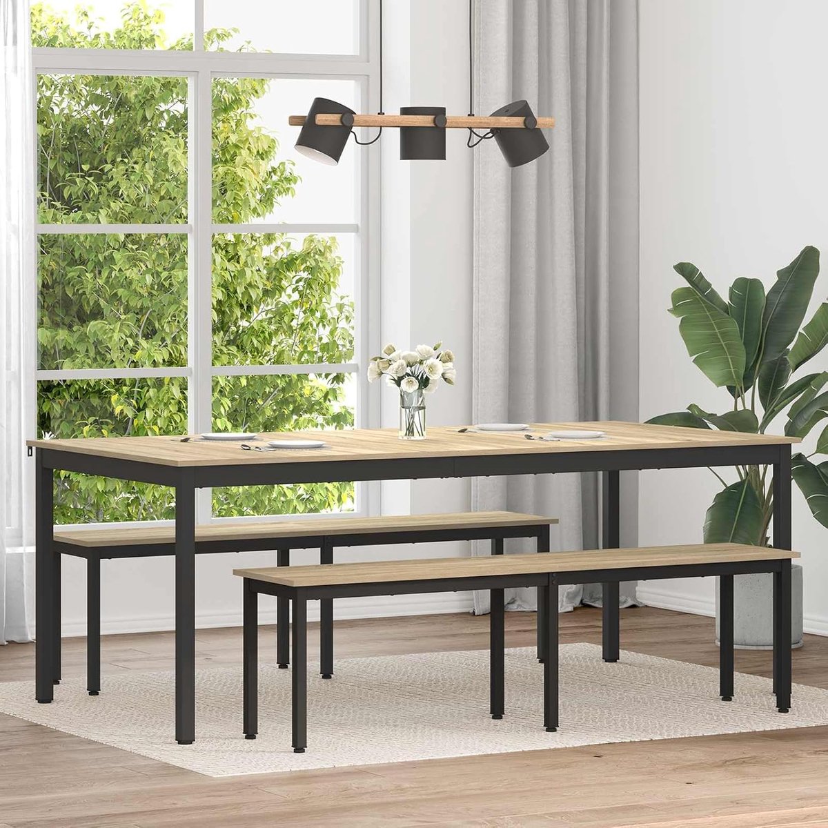 Eettafel met houten tafelblad en zwarte metalen poten - 4 poten voor moderne eetkamer