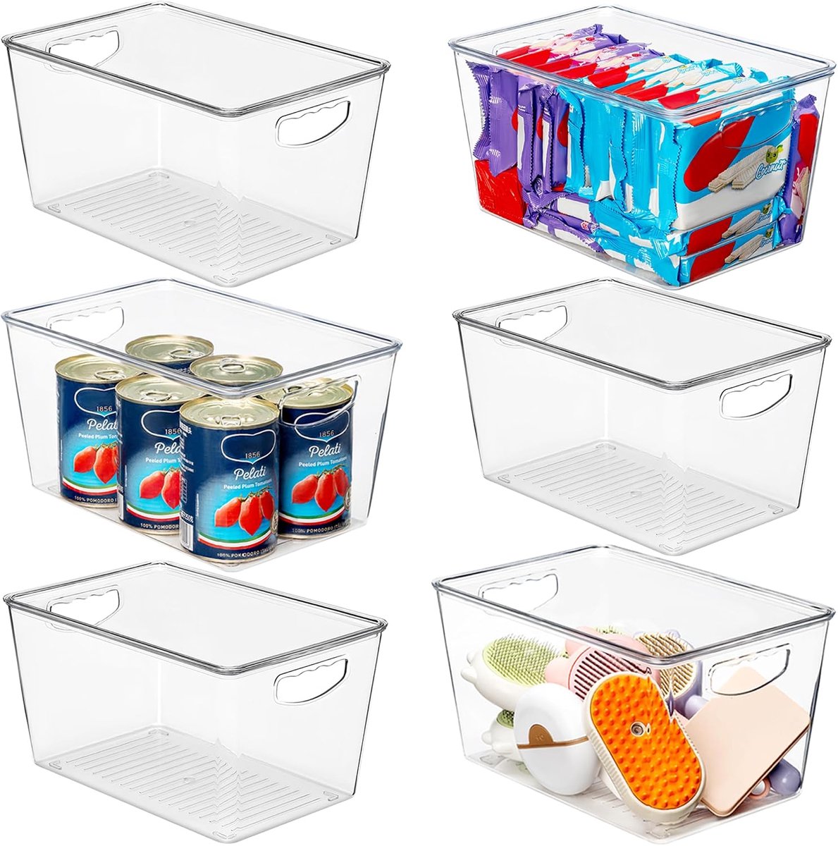 6 stuks doorzichtige opbergbakken met deksels stapelbaar, grote plastic opbergbakken met handvat voor voorraadkast organisatie en opslag, perfecte containers voor koelkastorganizer, vriezer, keuken