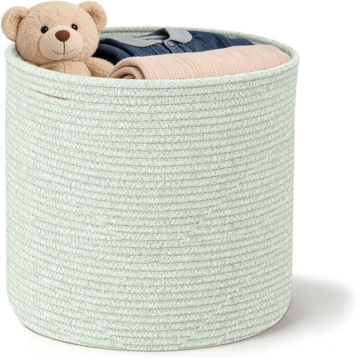 Wasmand gevlochten d 40 x h 35 cm, opbergmand met handgrepen, wasverzamelaar, handwerk, mand opslag voor dekens, speelgoed, knuffeldier, kleding, lichtgroen