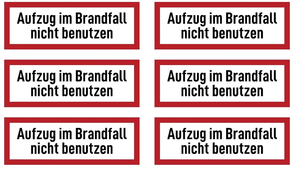 52x148 mm, 6 stuks - lift niet gebruiken in geval van brand - brandveiligheidsteken - informatiebord op brandbeveiliging en gebruiksaanwijzingen - DIN 4066 - D1