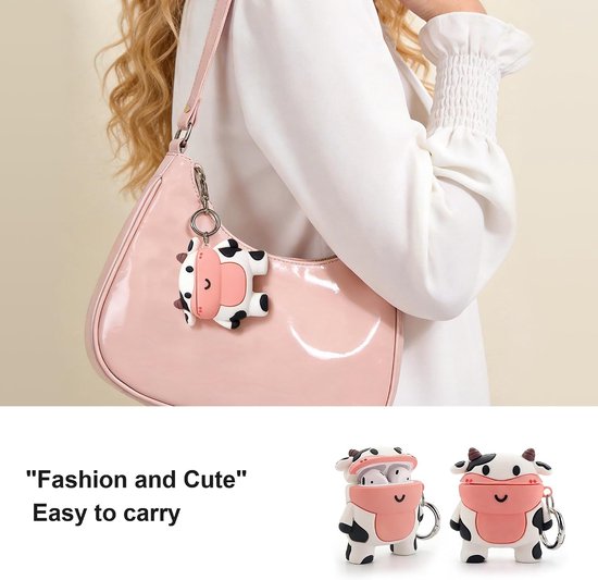 Hoesje voor AirPods, AirPods 2 koeienhoes, siliconen, cartoon, AirPods 1e/2e generatie, oplaadhoesje, kawaii, 3D, koe, AirPods 2, grappig dier, zachte beschermhoes met karabijnhaak — afbeelding 4