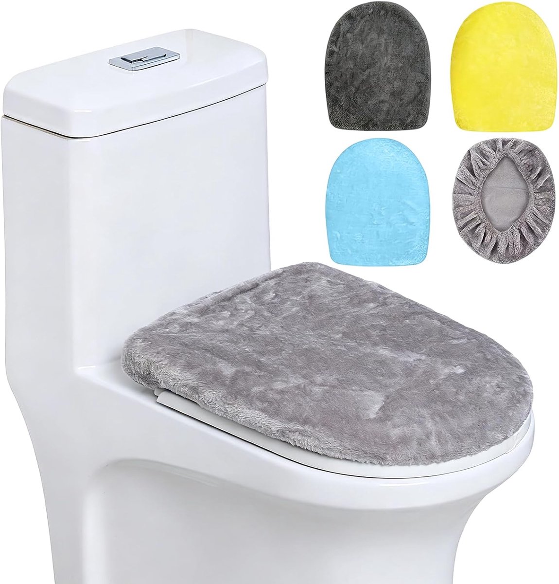 WC-dekselhoes voor badkamer fluweel, toiletdekselhoes zachte toiletdekselhoes voor standaard toiletbrilhoes (combinatie 2: lichtgrijs, donkergrijs, hemelsblauw, geel)