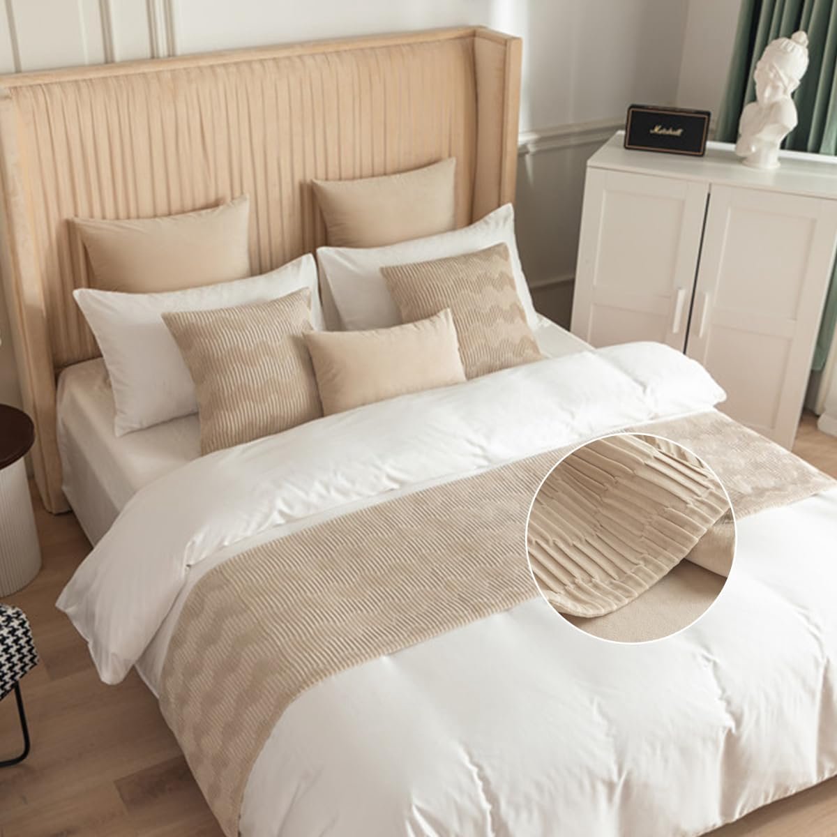 Set met bedloper en bijpassende kussens, sjaals, bedloper, hotel, beddenloper, beddengoed, bedhanddoek, luxe spreibescherming voor woonkamer, slaapkamer, hotel (45 x 180 + 45 x 45 cm, beige)