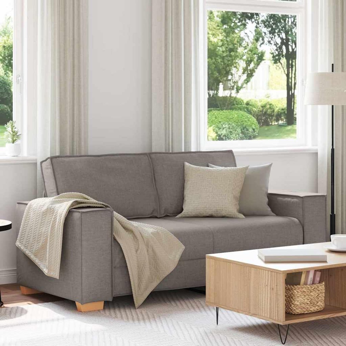 2-zitsbank, taupe, 140 cm, stof, gestoffeerde bank met brede armleuningen en dik gevoerde zitvlakken voor woonkamer, kantoor of logeerkamer, comfortabel zitmeubel