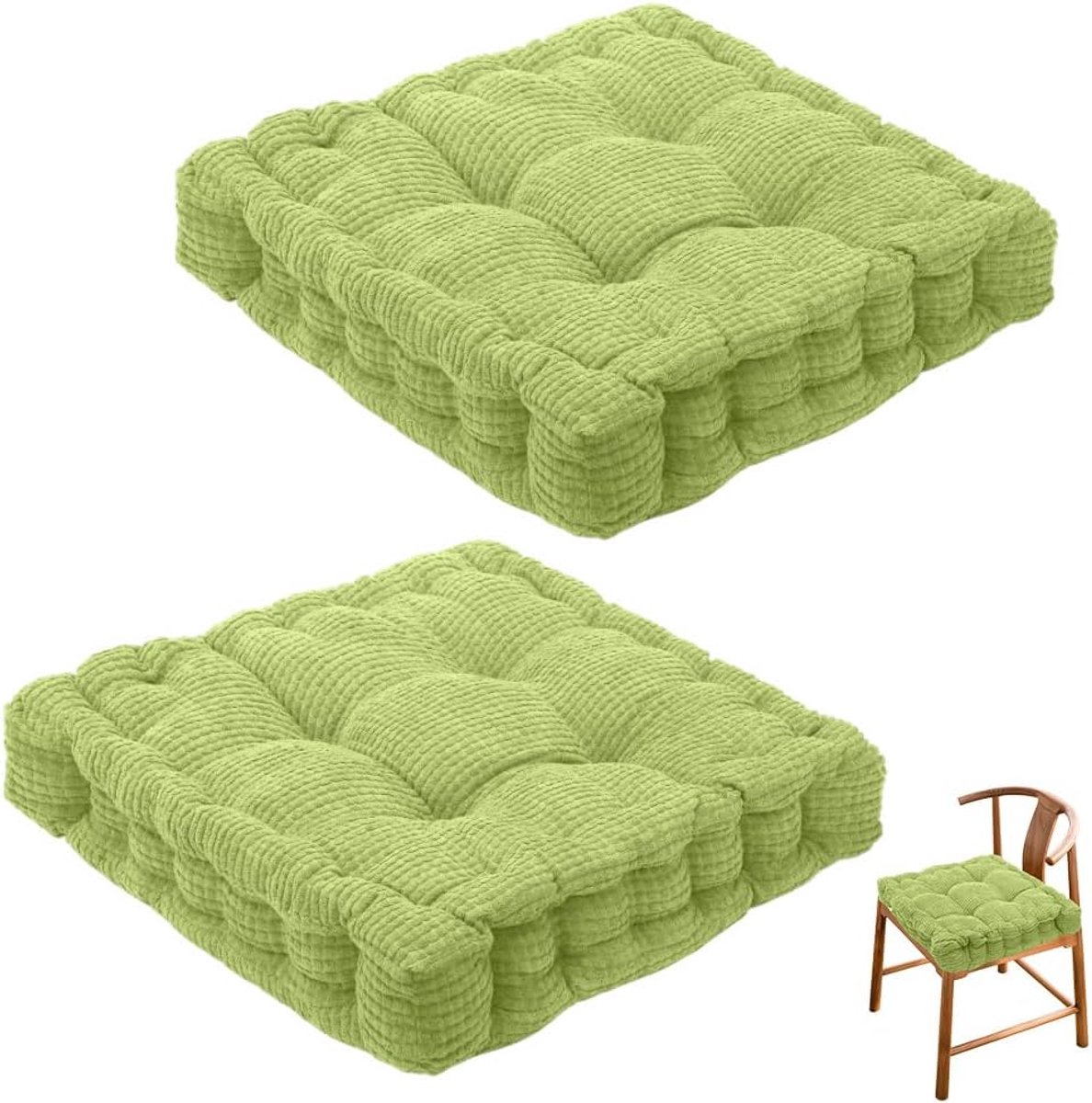 Set van 2 stoelkussens, zitkussen, 40 x 40 cm, voor binnen en buiten, dik vloerkussen, stoelzitkussen, geschikt voor huis, tuin, kantoor en autostoelen, stoelverhoging, groen