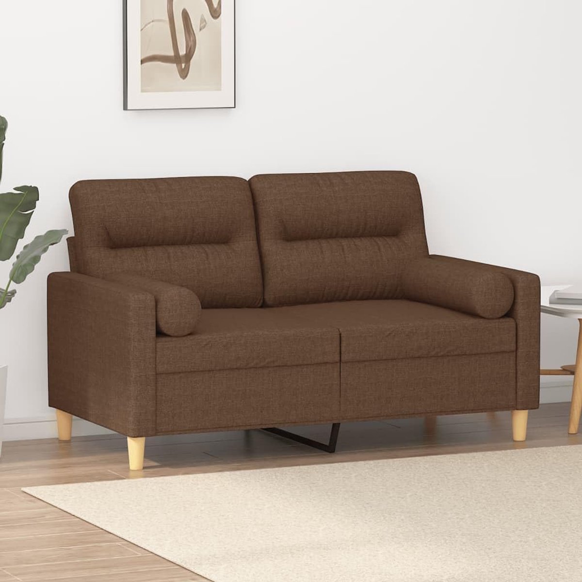 2-zitsbank met sierkussens, 120 cm breed, bruine stoffen bekleding, robuuste metalen constructie voor duurzaamheid, afneembare kussenslopen voor eenvoudige reiniging