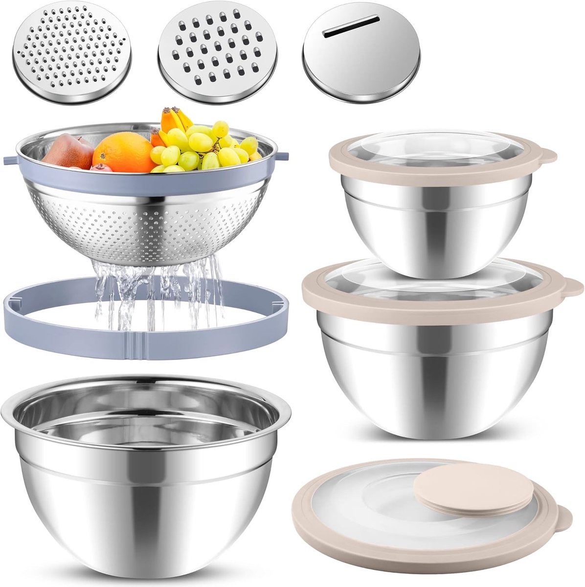 Mixkommen en zeefset met transparante deksel - 4-delige set in khaki kleur voor keuken en bakken