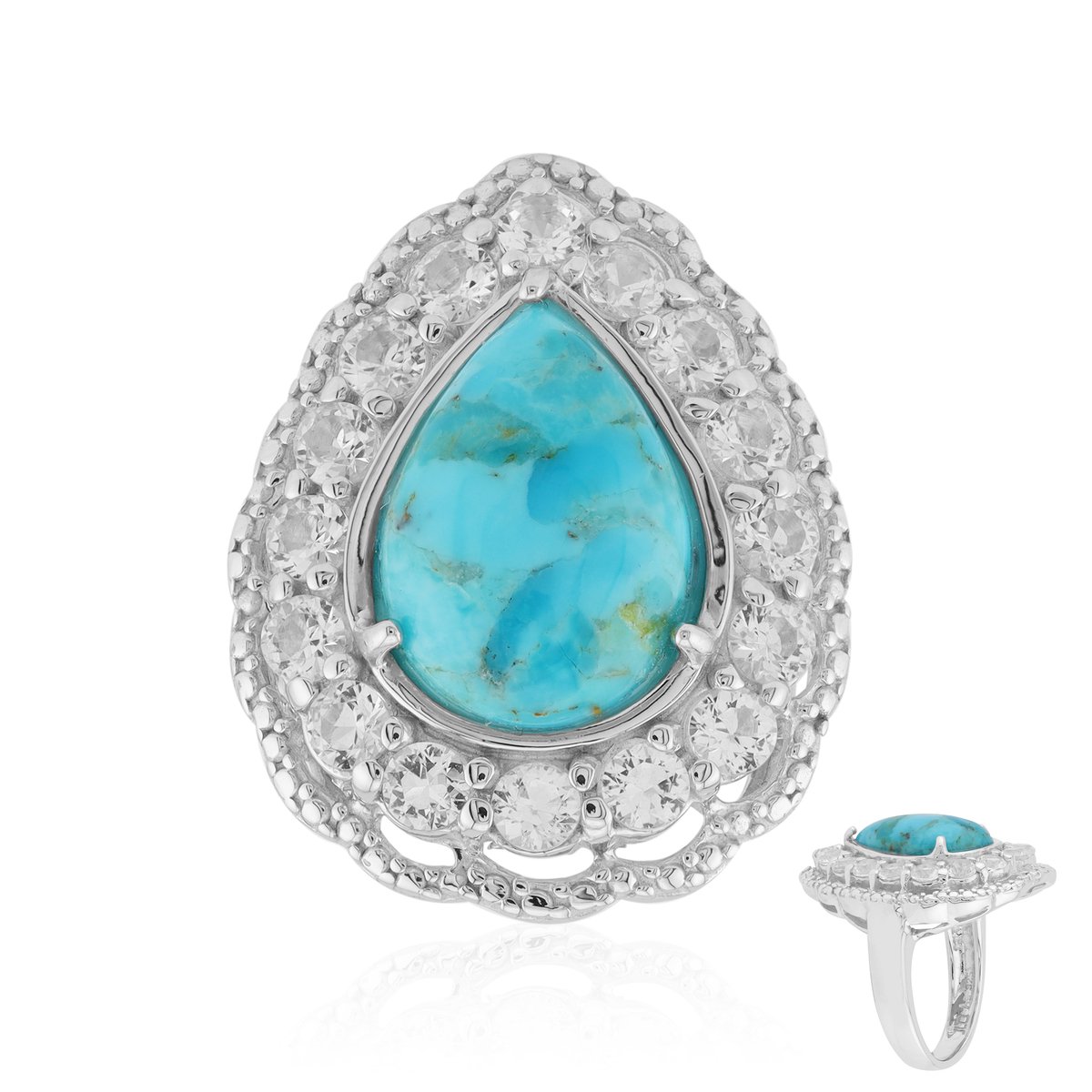 Cavill - Elegante Zilveren Ring 925 Sterling - Gerhodineerd - Blauwe Kingman Mohave Turkoois 3,105 ct - 16 Witte Topaas 1,368 ct - Filigraan