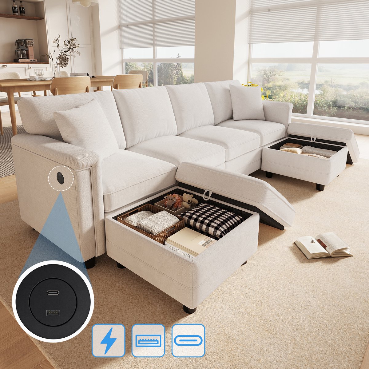 Moderne Hoekbank, U-Bank, 4-Zits Bank, Modulaire bankenset, omvormbaar tot L- en U-vorm, met 2 opbergkrukken en 2 sierkussens, slijtvaste chenillestof, moderne multifunctionele bank voor woonkamers en appartementen, 261×134×82 CM