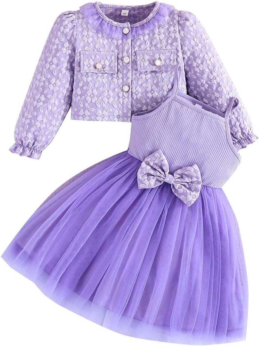 Meisjesjurken en mantels, set van 2 stuks, getextureerde bloemenprint, lange mouwen, gebreide jas, baby, meisjes, kleding, outfits voor 2-8 jaar