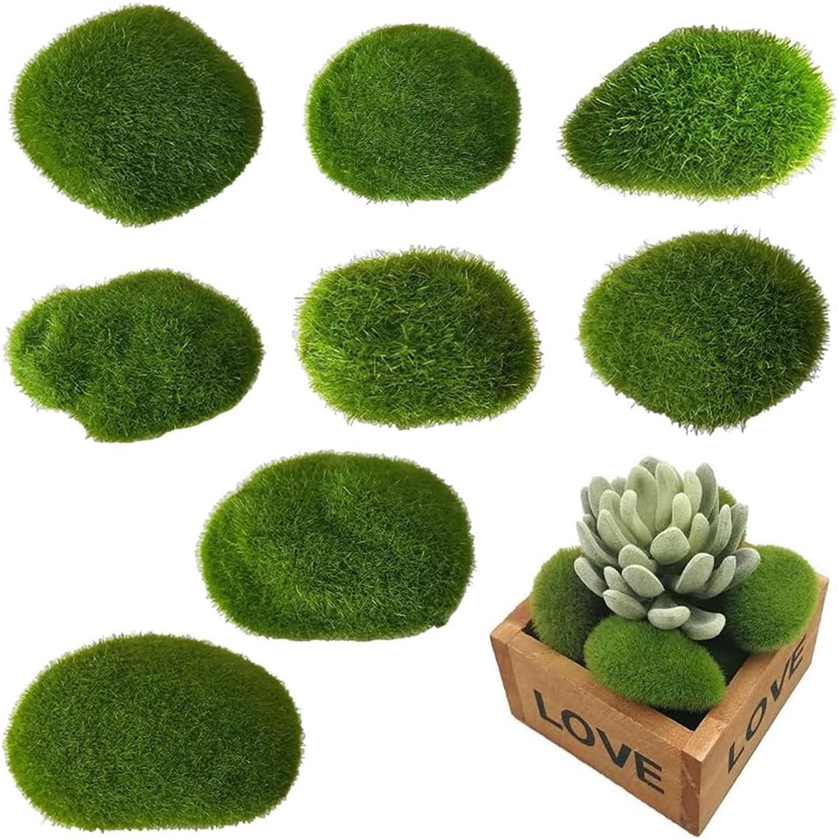 Kunstmosstenen, 8 stuks, decoratieve groene mosballen, doe-het-zelf decoratieve tuinmosballen voor bloemstukken, Jardín, realistische nepmosstenen voor decoratie