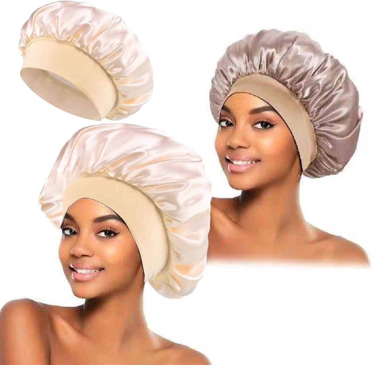 2 Stuks Zijden Slaapmuts van Zijde, Bonnet Haarbescherming, voor Krullend Haar, Vlechten, Lang Haar (Goudgrijs, Melkachtig Wit)