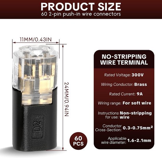 60 stuks 2-pins push-in draadconnectoren, soldeerloze laagspanning snelsplit-terminal voor LED-striplampen, lampen en schakelaars, geschikt voor 20-24 AWG — afbeelding 2