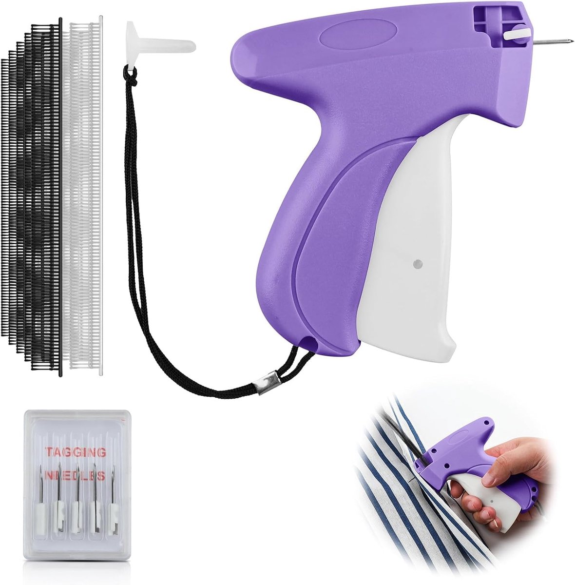 Quick Clothing Fixer, Stitch Gun snel fixeerapparaat voor kleding, mini-steekzoompistool, etiketteerpistool met 5 naalden, 1000 plastic naalden voor rok, overhemd, jeans (paars)