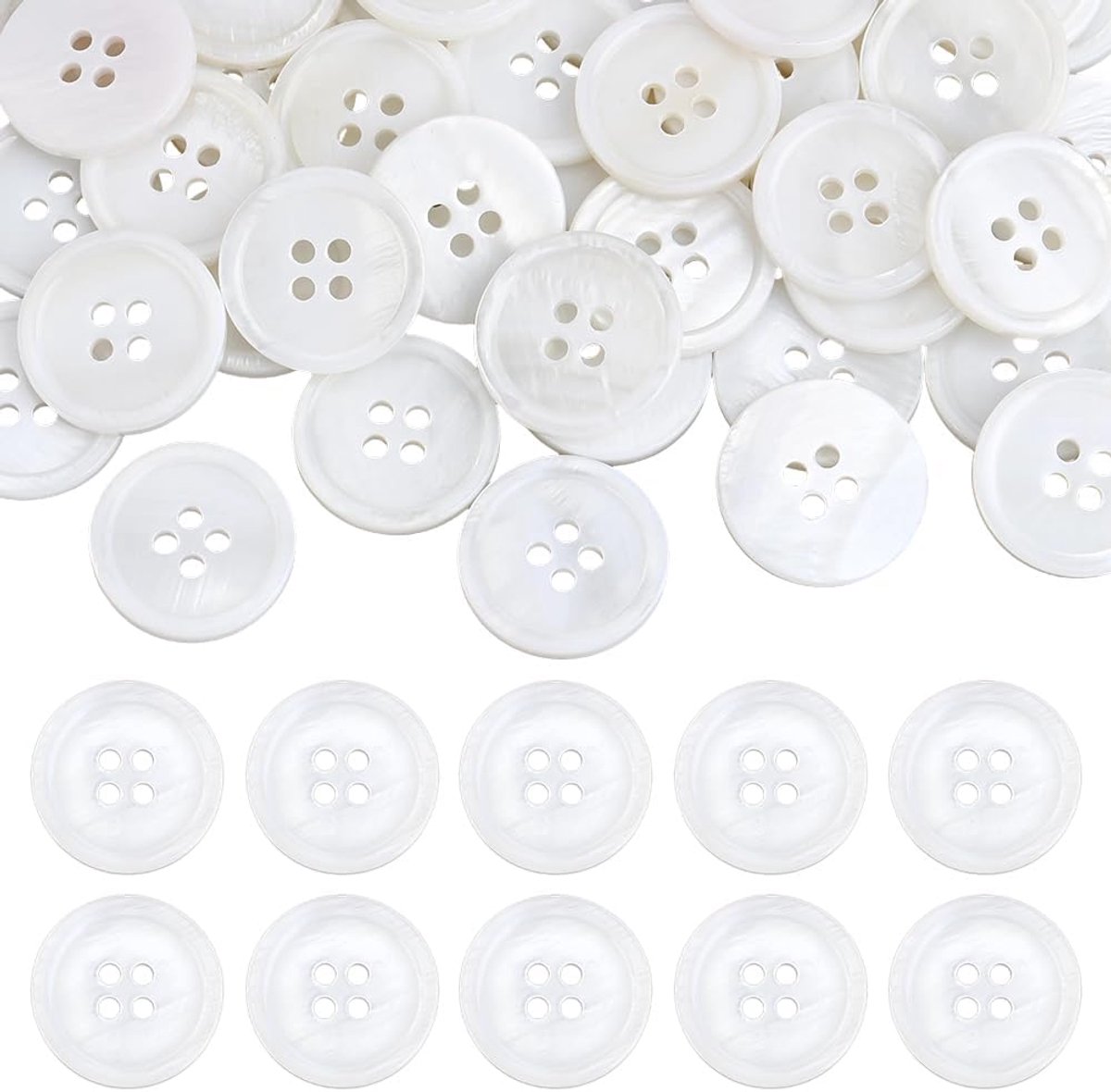 Knopen, 4 gaten, plat, rond, schelpknop, 20 mm hoeveelheid, rond, naaien, handwerk, knopen voor doe-het-zelf naaien, handwerk, decoratie, wit