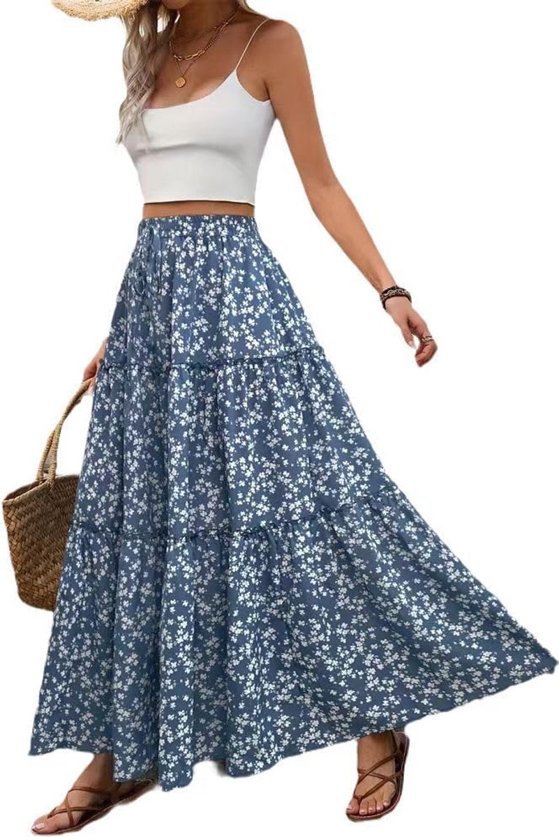 Damesrok zomer strandrok elastische taille chiffon bloemenpatroon A-lijn zomerrok