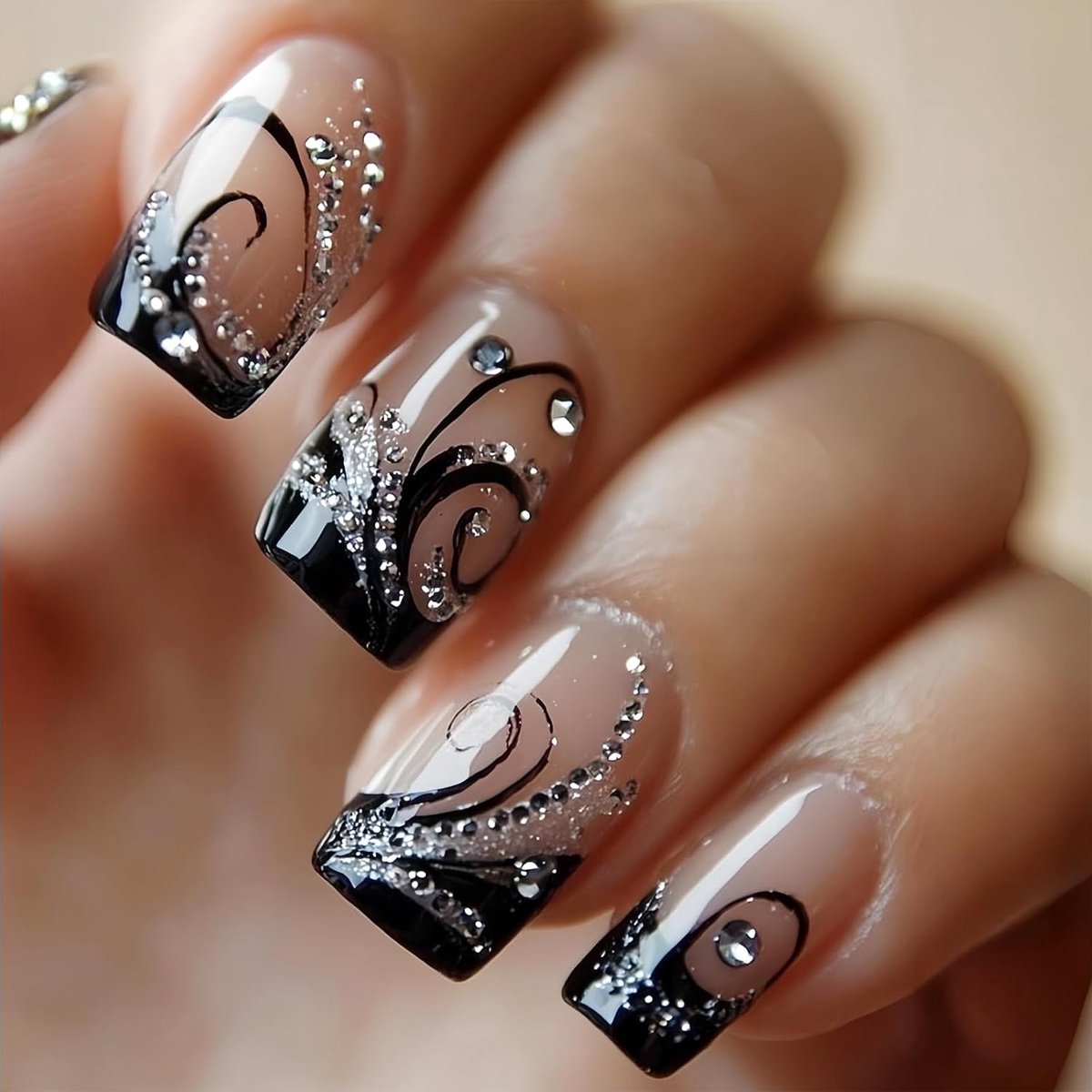 Plaknagels, press-on nagels vierkant medium met lijnen Frans design, kunstnagels gelnagels om op te plakken glanzend