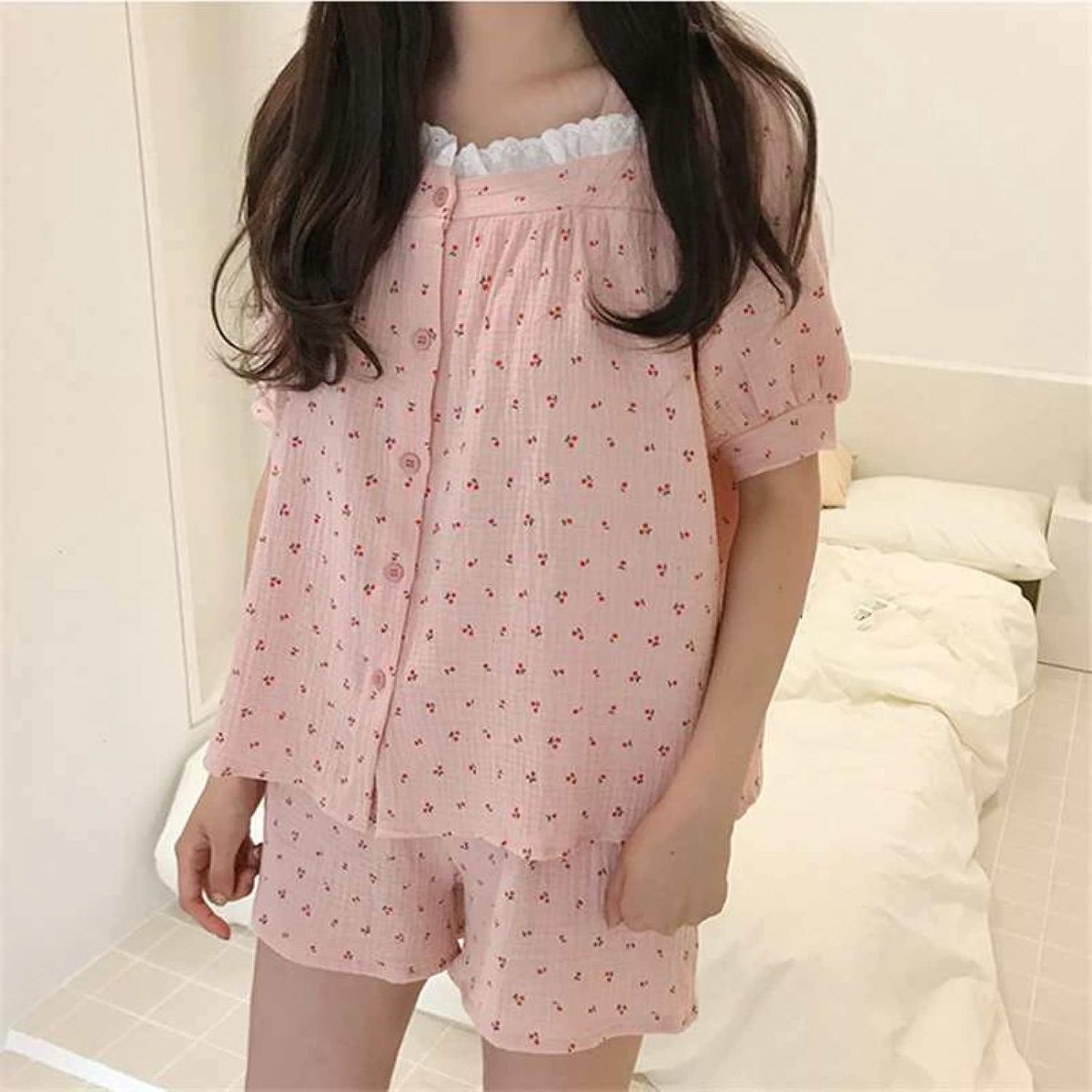 Pyjama Set Met Ronde Hals En Kant - Zomer Sweet Cherry Print Lace Trim Nachtkleding Tweedelige Set, Behaaglijke Katoenen Short Met Korte Mouwen Losse Loungewear Homewear Set,Roze,One Size