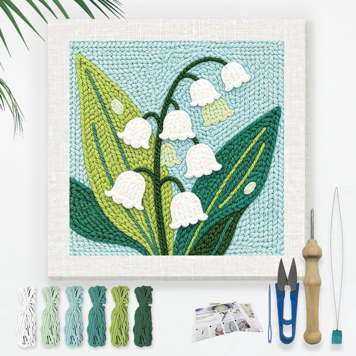 Lelietje-van-dalen naaldenset voor beginners, 24 x 24 cm, bloemenponsstikselset, doe-het-zelf borduurstarter met bedrukt frame, instructie, draaddraad, garen, knijpnaald