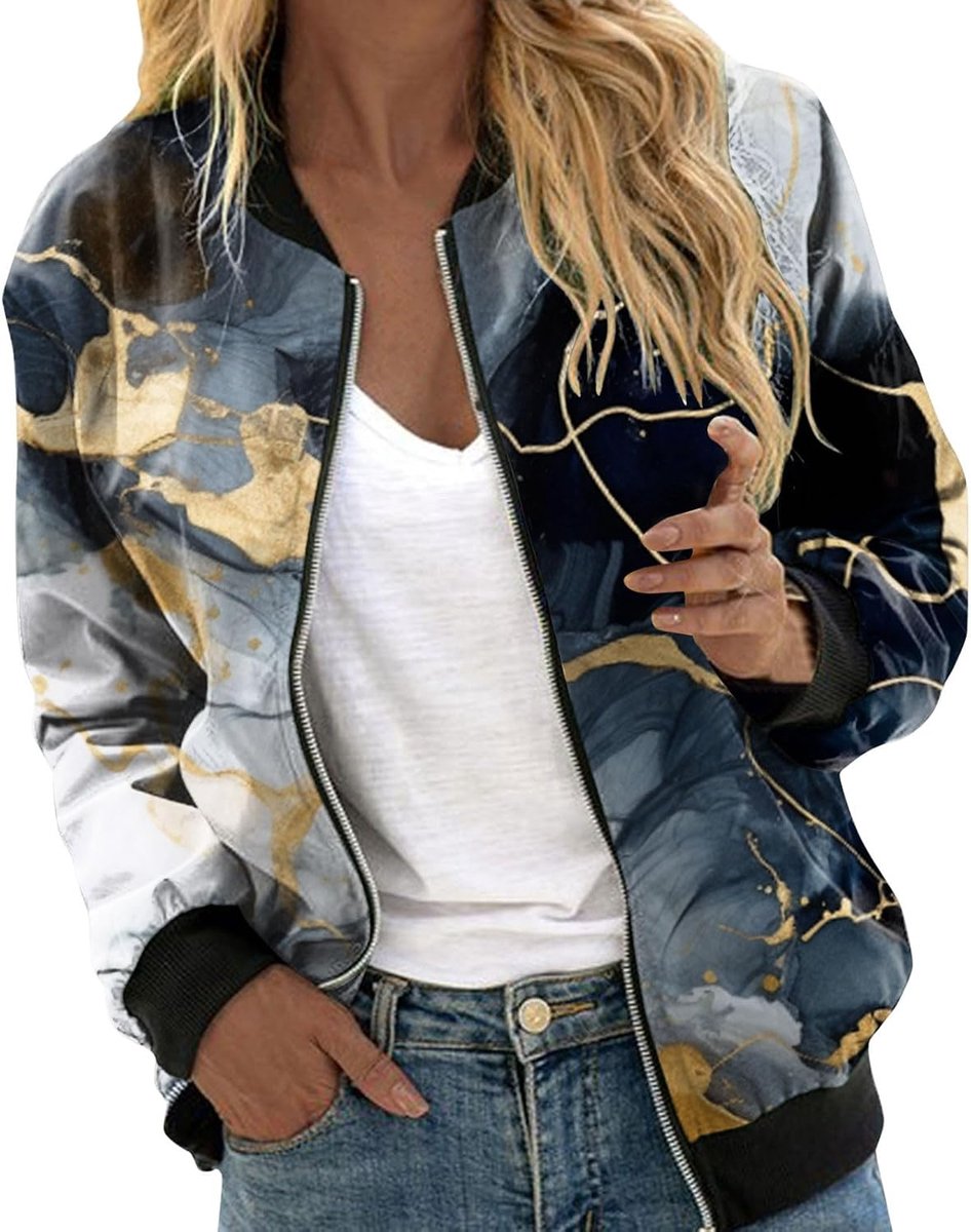 Bomberjacke Damen Kurze Blouson Jacke Mit Reißverschluss Blumenmuster Leichte Sommerjacke Dünne Langarm Übergangsjacke Casual Bunte Fliegerjacke Frühling College Jacken Sweatjacke Frühlingsjacke