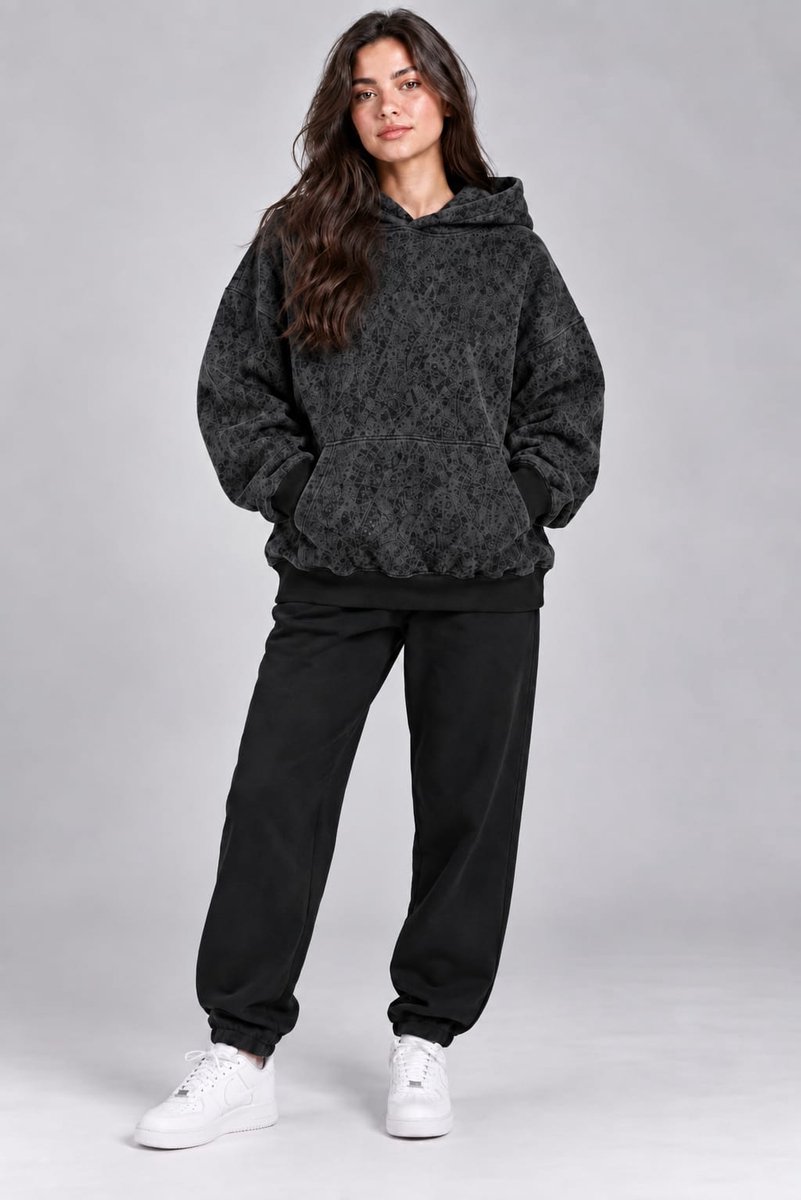 Trendy Dames Oversized Zwarte Hoodie met Subtiel Abstract Patroon en Comfortabele Pasvorm - S-M