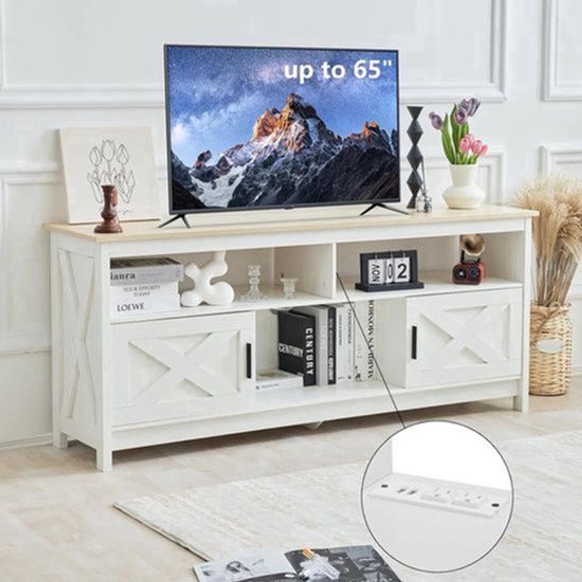 Tv-Meubel – Tv-Kast – Tv-Stand – Meubel – Draagkracht 136 Kg – Stopcontact Met Usb-Poort - 150 x 40 x 66 cm - Wit
