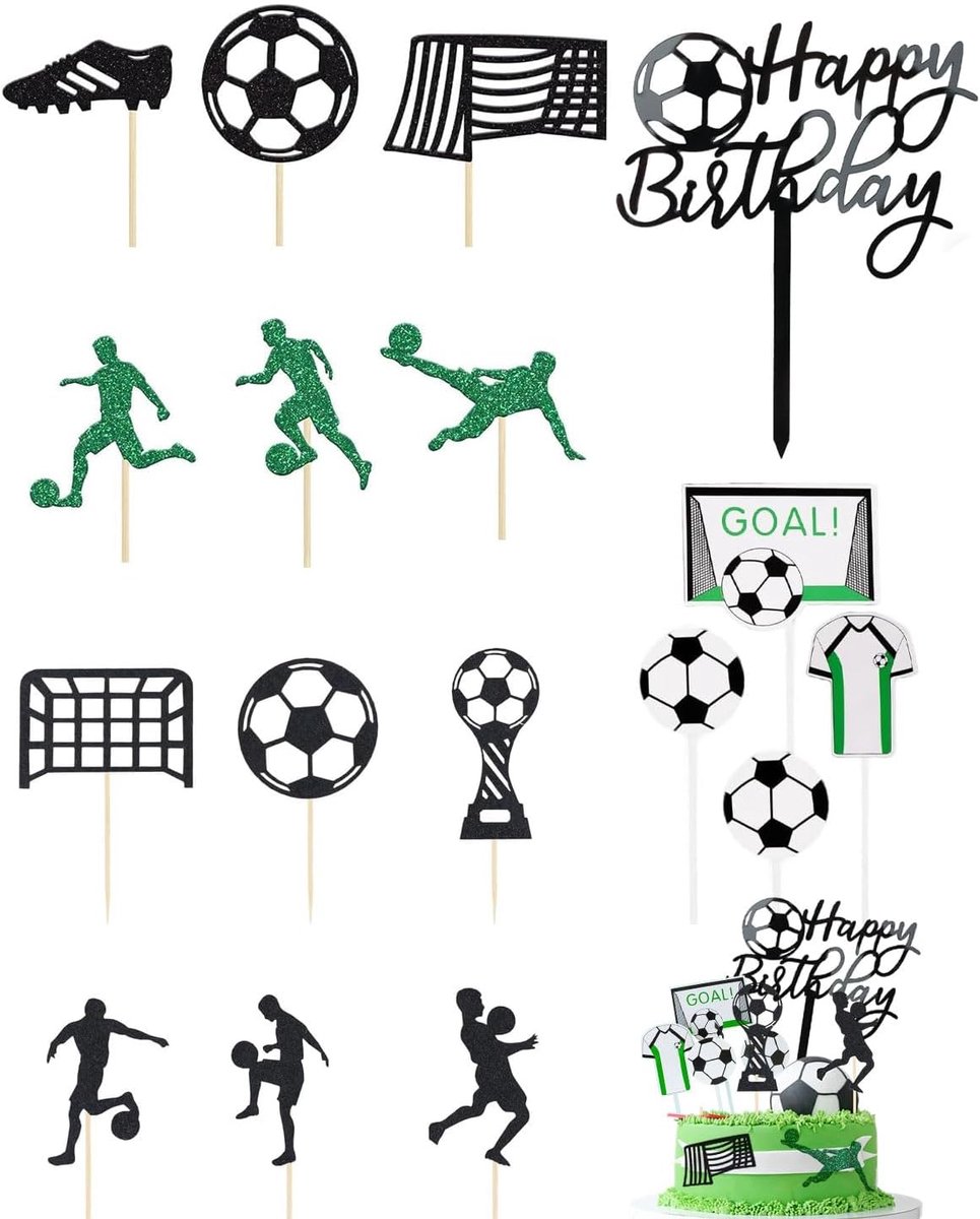 Taartdecoratie, 18 stuks taarttoppers voetbal, voor verjaardag kinderen, jongen thema, voetbal verjaardagstaart figuren - C