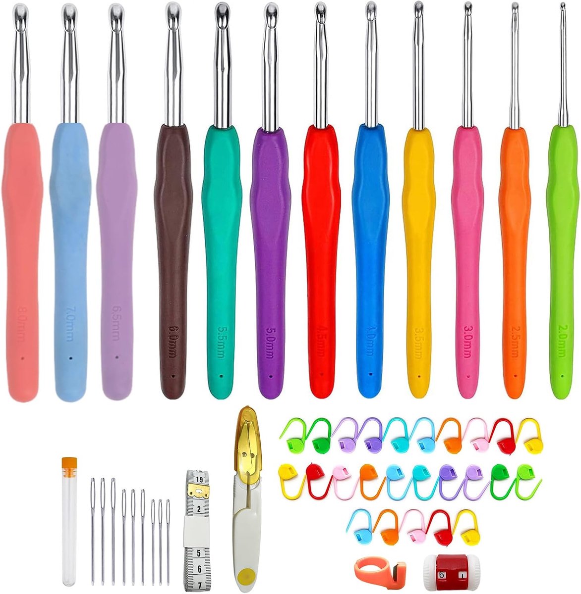 Haaknaaldenset, ergonomisch, 12-delig, 2,0-8,0 mm, haaknaaldenset, met telgesp, zachte liniaal enz., complete set voor beginners en professionals