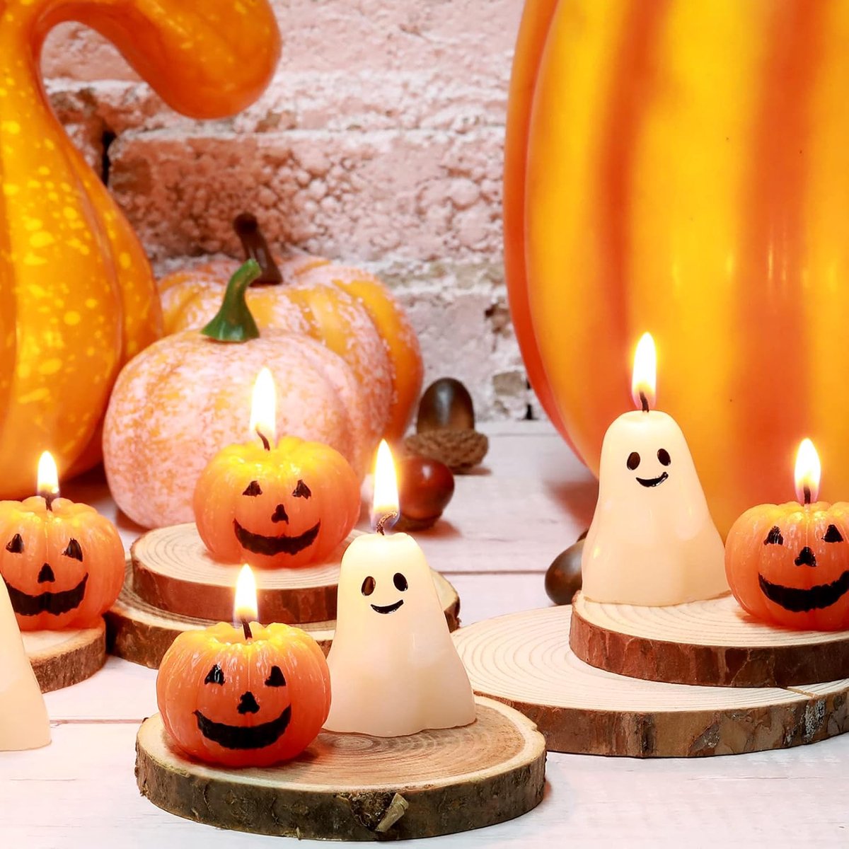 12 stuks Halloween Spook Pompoen Kaarsen Leuke Geurende Spookachtige Kaarsen Mini Leuke Wax Herfst Thanksgiving Decor Geschenken voor Halloween Party Gunst Thuis Tafel (Wit, Oranje, Geest