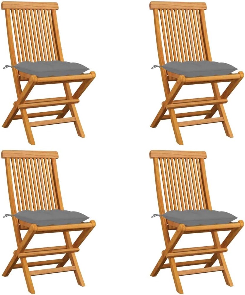 Set van 4 klapstoelen van teakhout met grijze kussens, licht en stevig, glad oppervlak, gemakkelijk te reinigen, belastbaar tot 110 kg.