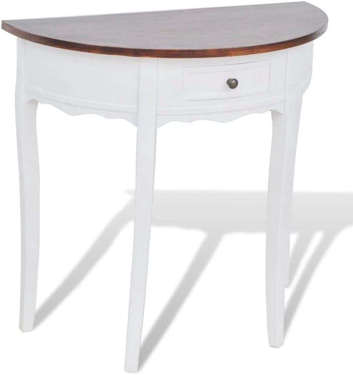 Bijzettafel, kantoor, bijzettafel, opbergtafel, consoletafel met lade en bruin tafelblad, halfrond, geschikt voor woonkamer, slaapkamer, werkkamer