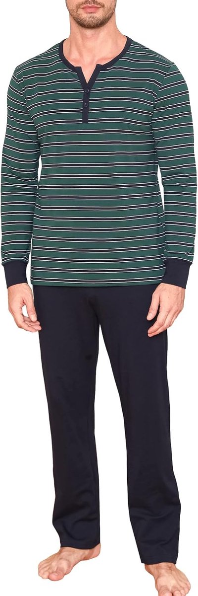 pyjama voor heren, lange slaapkleding, katoenen pyjamaset, winternachtkleding, lange mouwen, met knoopsluiting, V-hals en strependesign
