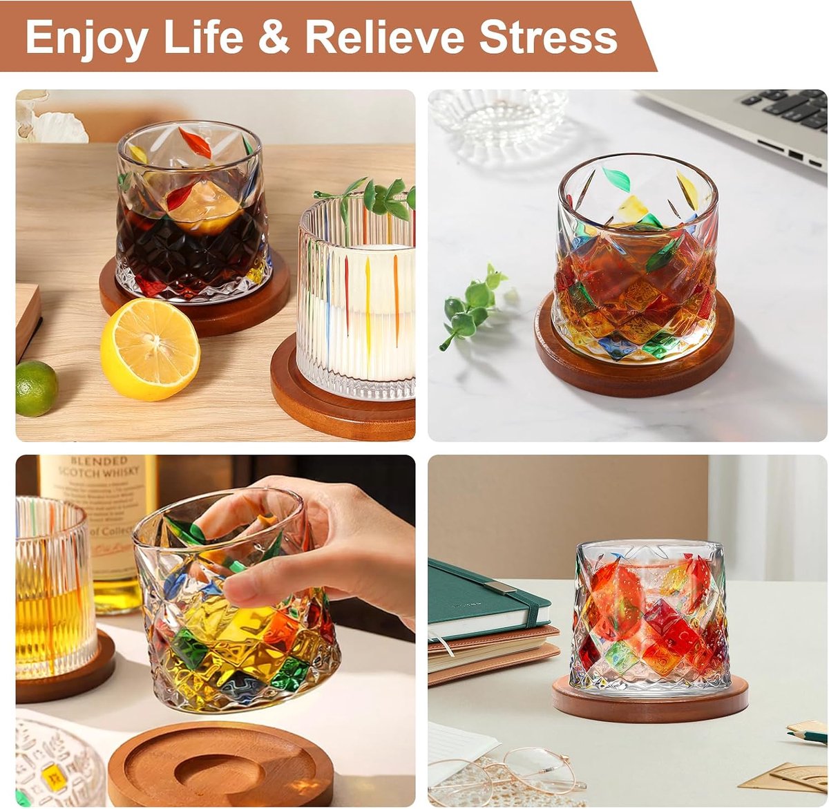 Ouderwetse glazen beker, 275 ml kristallen whiskyglas set van 4, houten onderzetter, verdikking, gebruikt als rumglas, cocktailbeker, koffiekop, melkbeker om te ontspannen en stress te