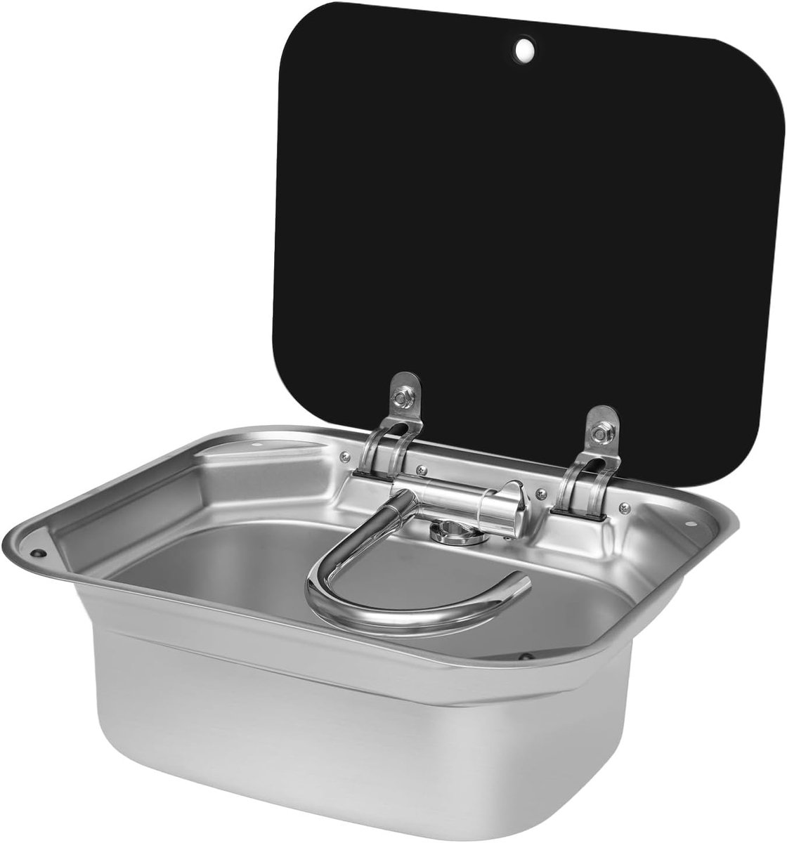 Handwasbak set, 304 roestvrij staal, campingwasrek, caravan, wasbak 42,3 x 37,3 x 15 cm met gehard glas voor campers, kleine keukens, hotel, cafés