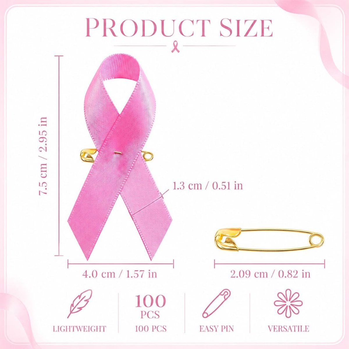 100 stuks oktober roze polyester bandspelden voor bewustzijn van borstkanker, ondersteuningsaccessoires voor liefdadigheidsevenementen