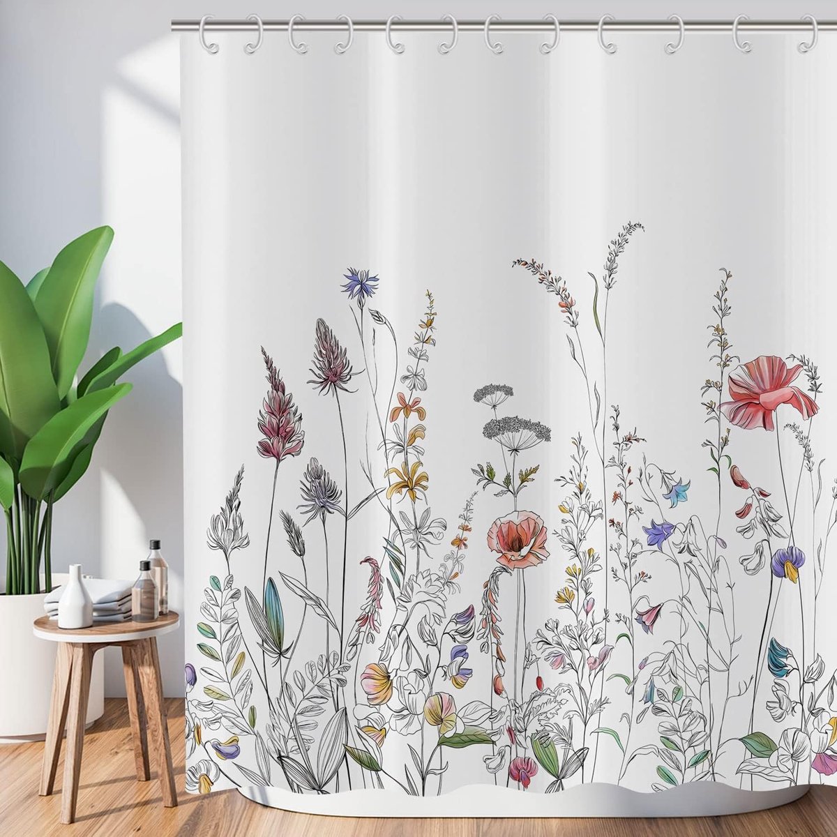 Douchegordijn 180 x 200 cm, lente eenvoud rood paars bont bloemen groen bladeren wit badkamer wasbaar douchegordijnen polyester textiel waterdicht badgordijn voor bad met 12 haken