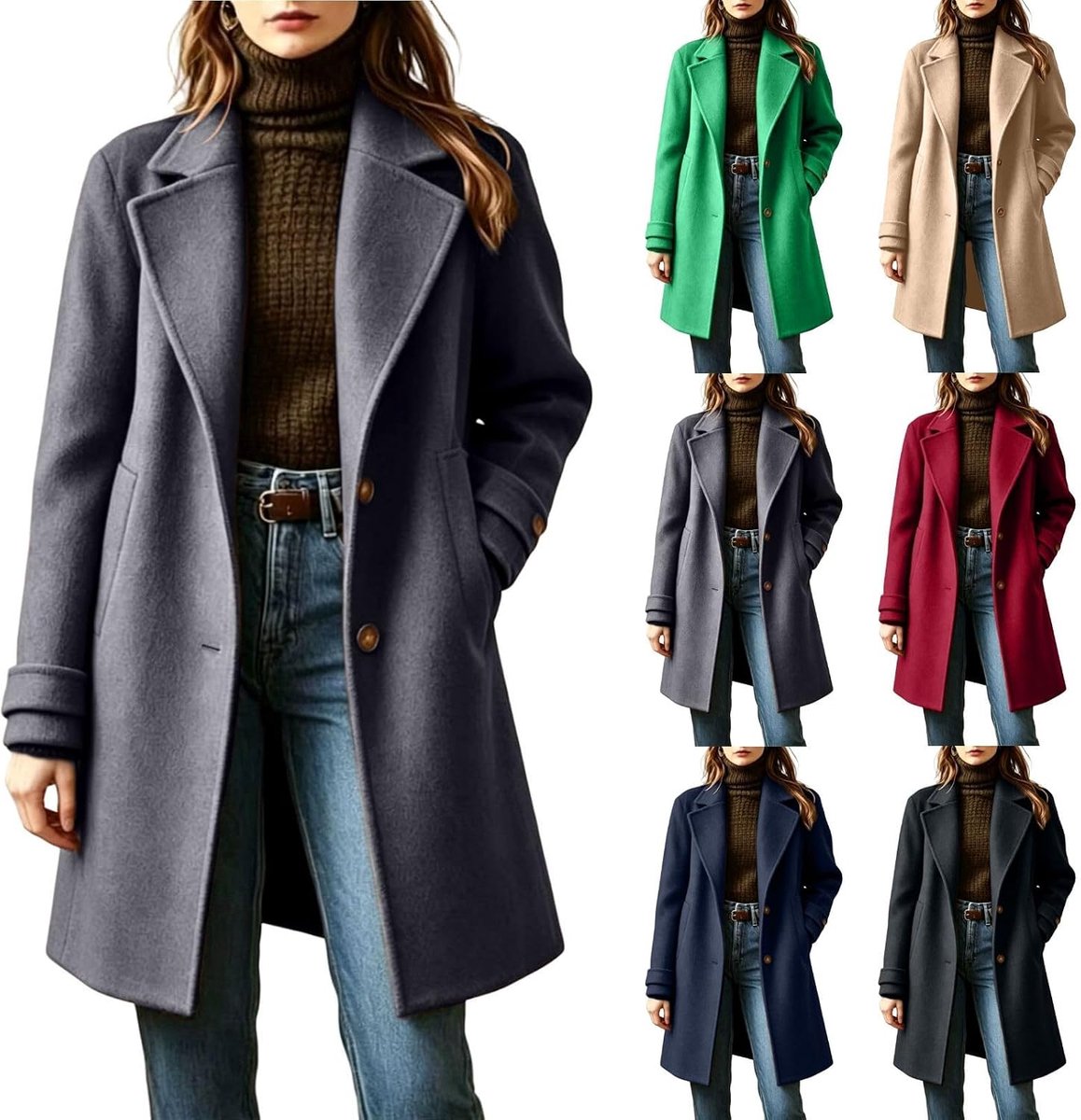 Wolmix jas met reverskraag, middellang, lange mouwen, warm, ideaal voor de winter.