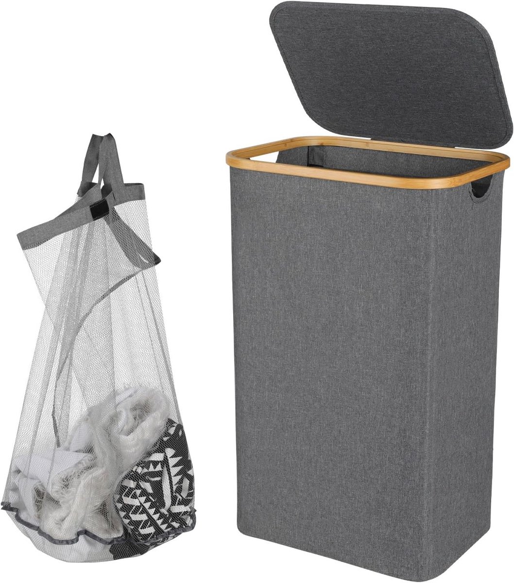 Wasmand met deksel, 100 liter, wasmanden met handgrepen, opvouwbare wasverzamelaar met uitneembare waszakken, extra groot, voor bijkeuken, slaapkamer, grijs
