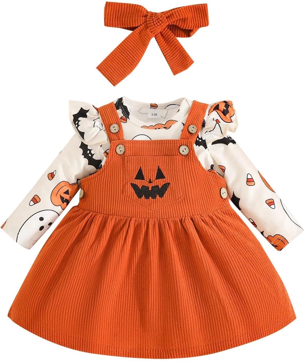 Halloween-Outfit Voor Meisjes 3-delige Pompoen Spook Ribfluweel Kostuum