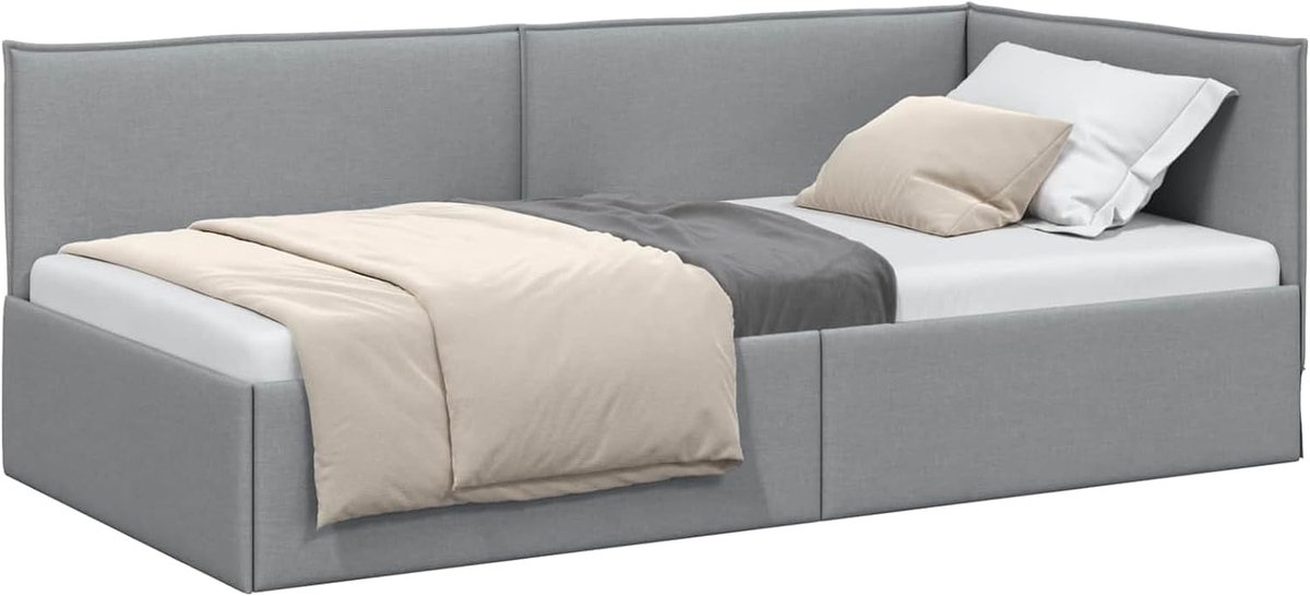 Hoekbedframe met hoofdeinde, lichtgrijs, 90 x 200 cm, stof, hoekbedframe, bedframe, slaapbank voor eenpersoonsbed, voor slaapzaal, hotel, logeerkamer, 42016463