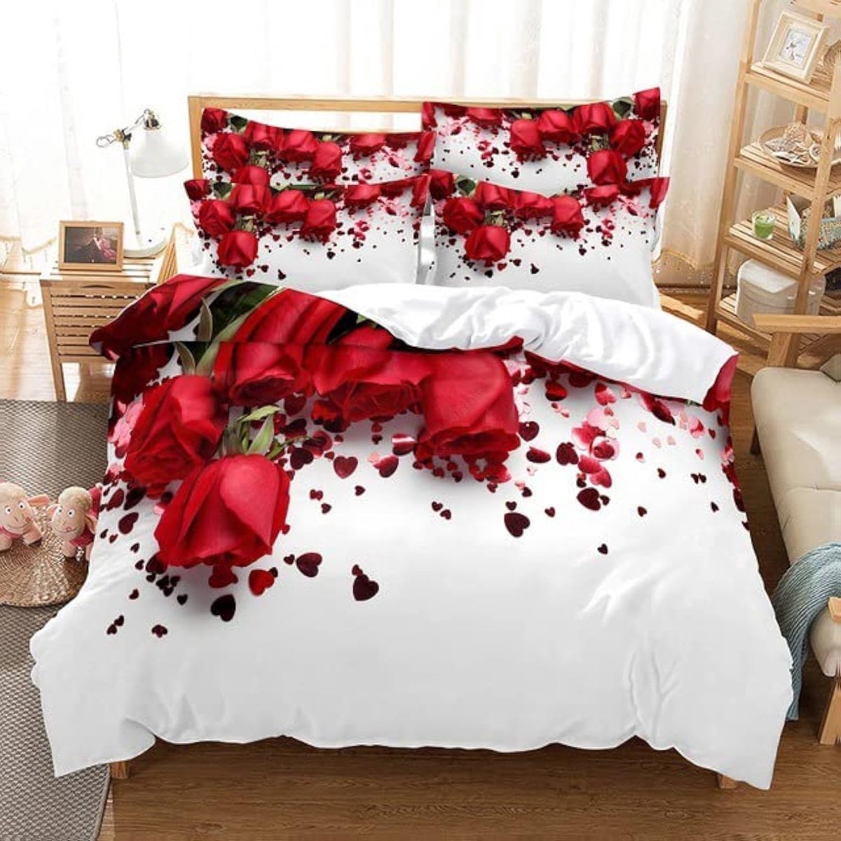 Dekbedovertrekset, 3D, rode roos, beddengoedset, meisjes, creatieve beddengoedset, 3-delig, met 2 kussenslopen, rood A, 200 x 200 cm