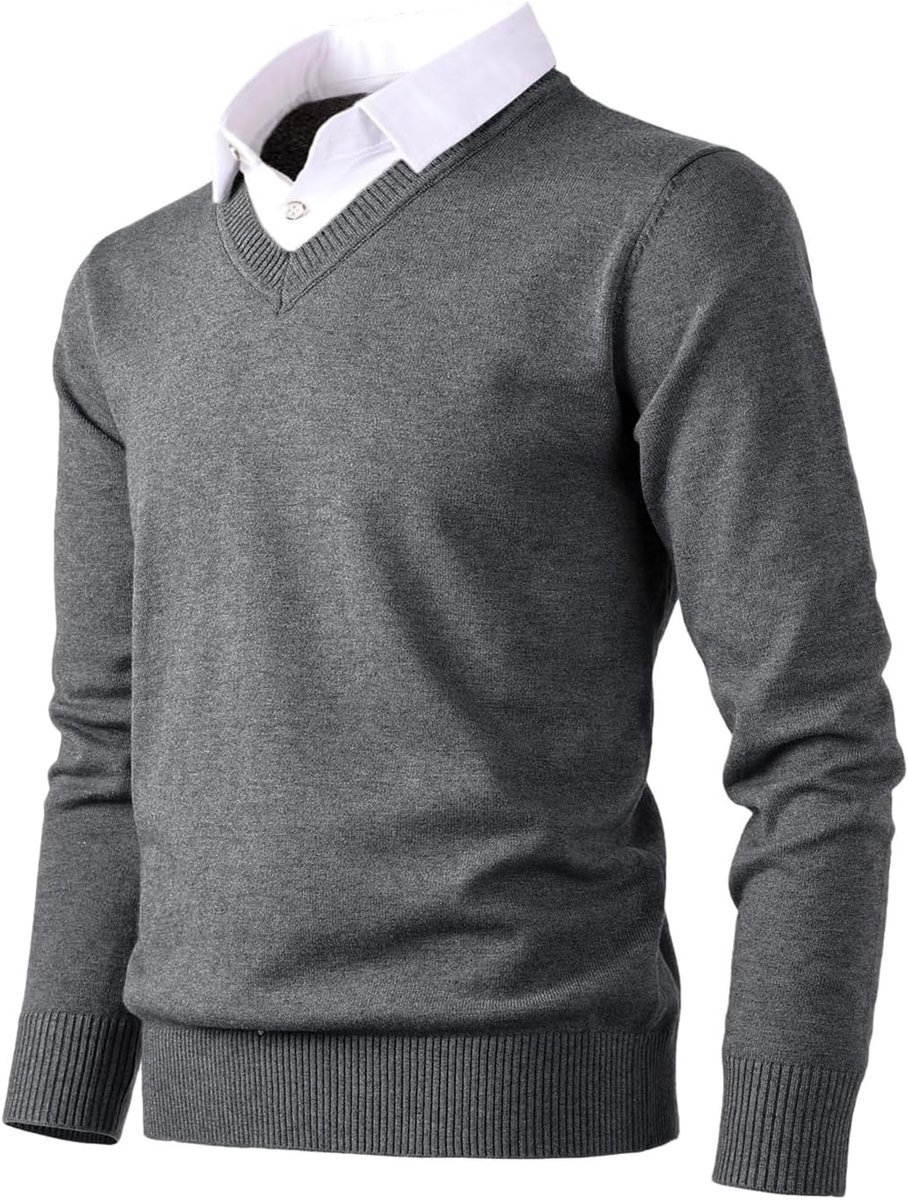 trui voor heren, modieuze trui, zacht aanvoelende V-hals sweatshirt top met geruite of witte mock-overhemdkraag