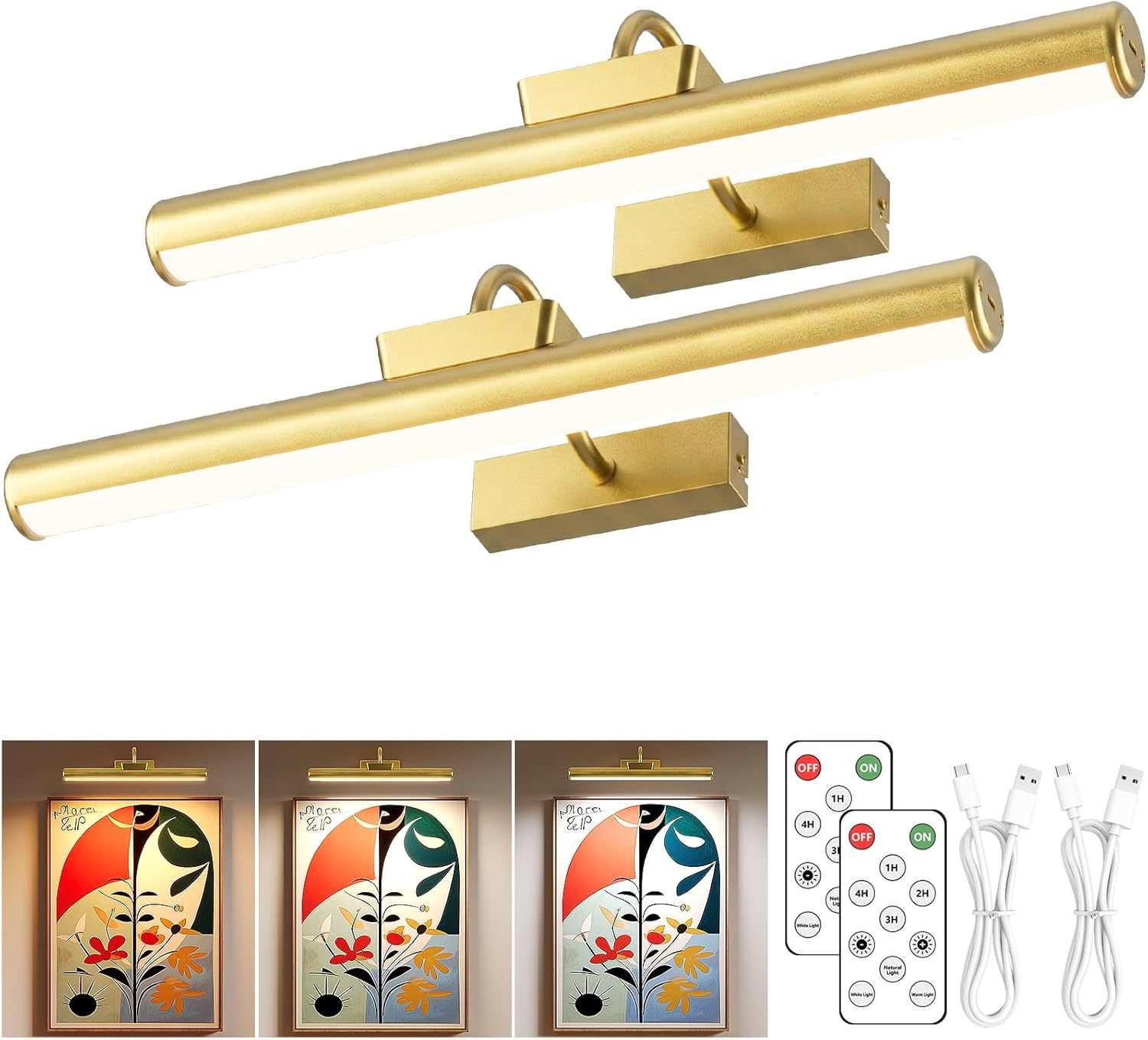 13-inch wandlamp voor schilderijen – Oplaadbare kunstverlichting (4000 mAh) met afstandsbediening, dimbaar, 3 kleurtemperaturen; gelakte afwerking voor woonkamer, slaapkamer of galerie – Set van 2, goud