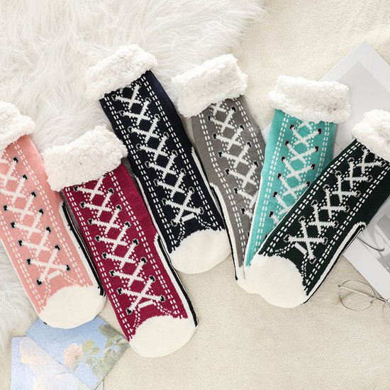 1 paar donkerblauwe dikke thermische sokken - geschikt voor damesmaten 35-40 - antislip loungesokken - acrylmateriaal - warm en comfortabel - geschikt voor dames — afbeelding 3