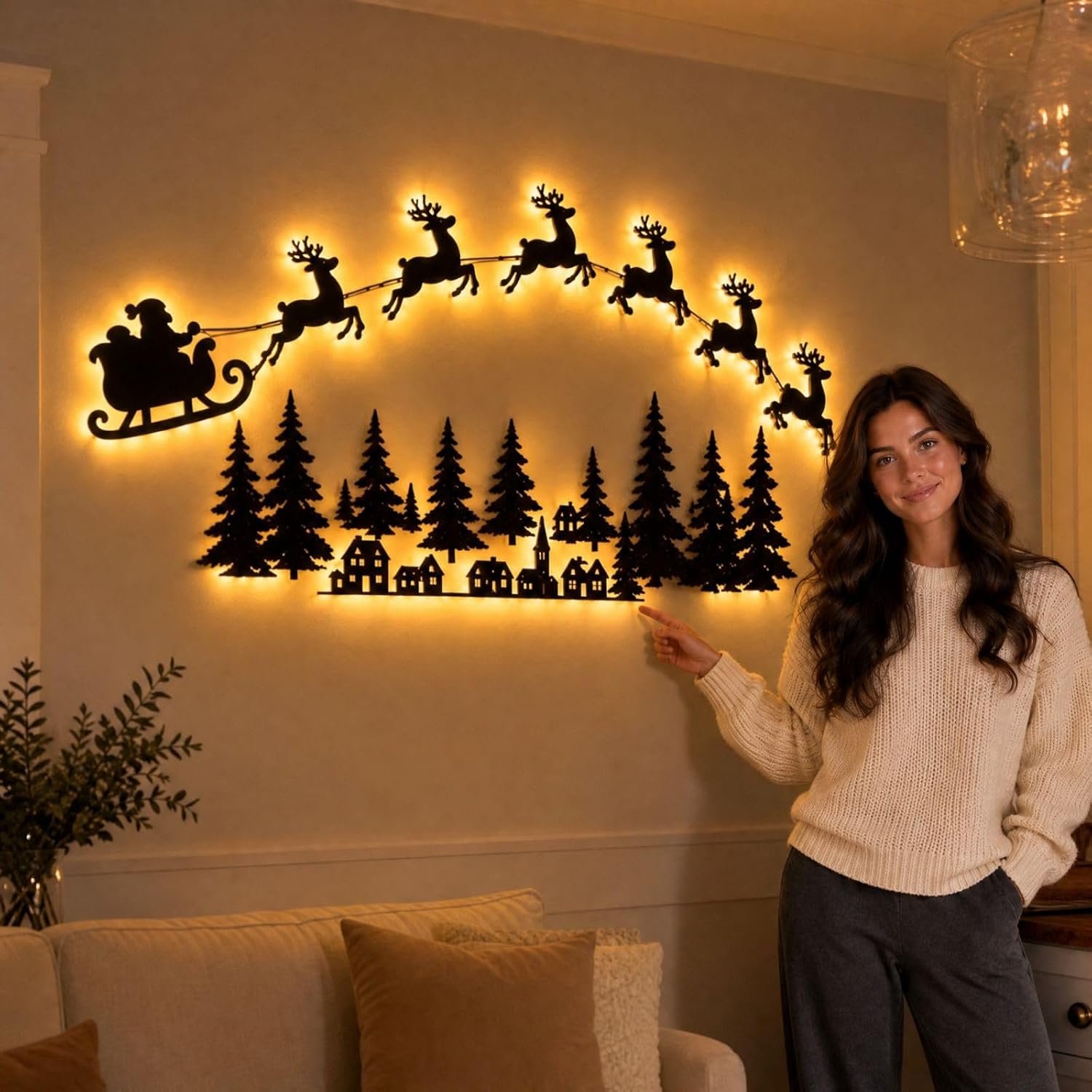 Wanddecoratie - Lichtende rendieren - Kerstversiering - De Kerstman + 6 rendieren - 3D houten kerst silhouet - Werkt op batterijen - met afstandsbediening - Onafhankelijk licht - Zelfklevend - Wandlamp - Voor Woonkamer, Slaapkamer, Gang & Schouw – foto 5