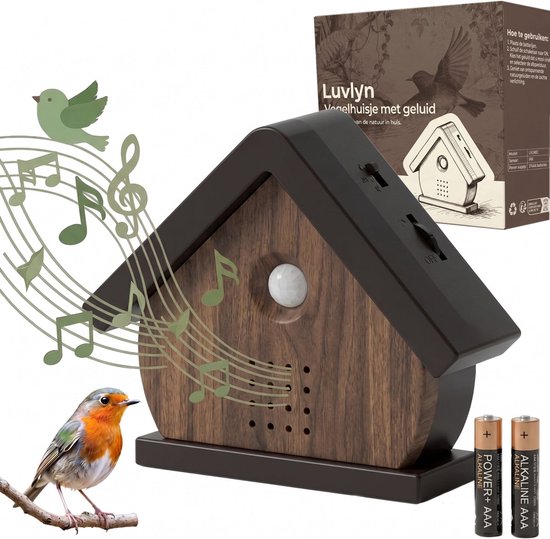Luvlyn Vogelhuisje met Geluid en Verlichting - Vogelgeluiden Huisje met Sensor - Voor op toilet - met Timer - 7 Natuurgeluiden voor op WC - Inclusief Batterijen - Hout/Zwart