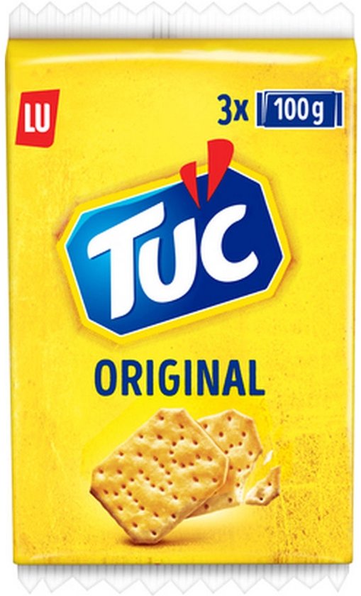 Geel pakje LU Tuc Original crackers, 3x100g, met afbeelding van zoute crackers.