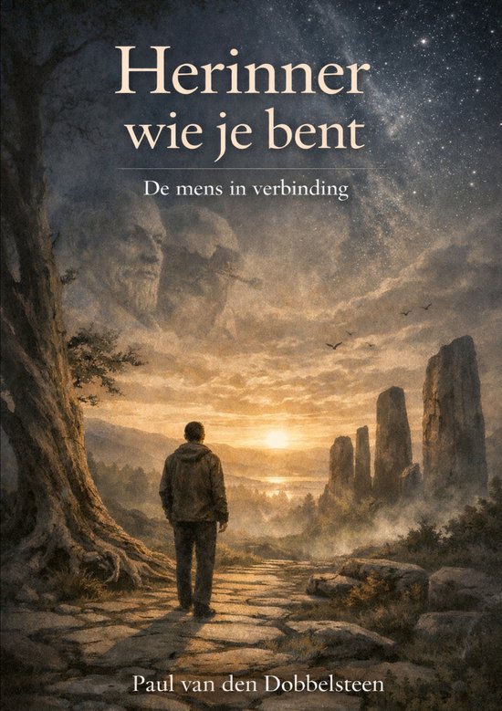 Boekomslag: 'Herinner wie je bent'. Een man loopt over een pad naar een zonsondergang met stenen pilaren.