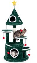 COSTWAY Krabpaal 127 cm Kattenboom Kerst met Ster Sneeuwvlok Kattenkrabpaal van Pluche Katten Toren met 6 Speelballen voor Katten
